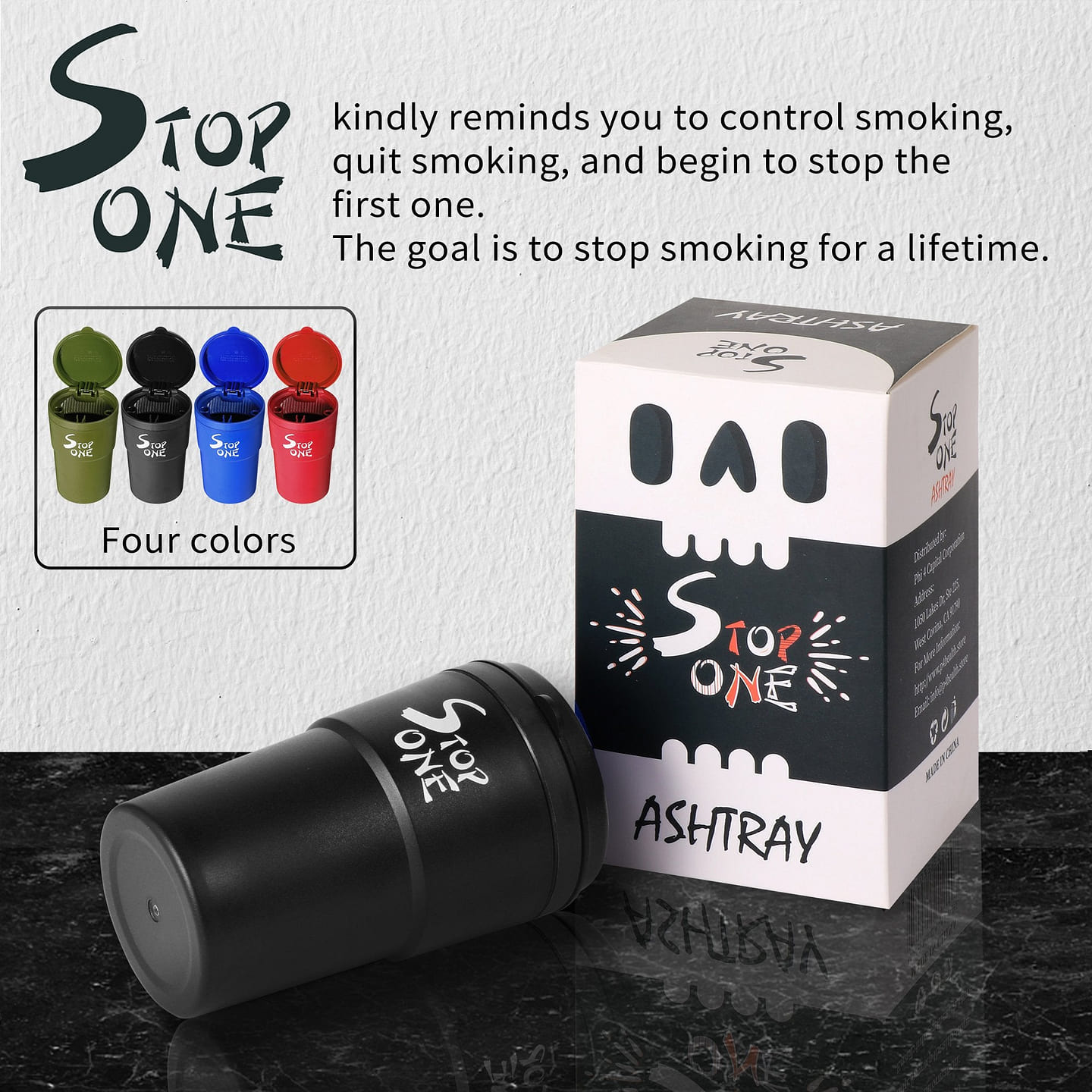 STOP ONE Car Ashtray, Portable Ashtray, CA-101 Large Auto Ash Tray with Lid and Led, Black Black 1 each