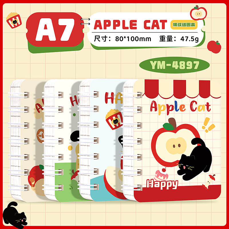 Cute Mini Pocket Journal Notebook Apple Cat 1 each