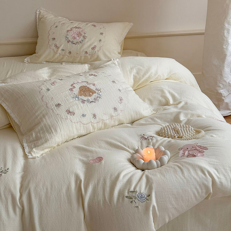 Cottagecore Bunny Bedding Set(Fitted) White-Q 2000 g