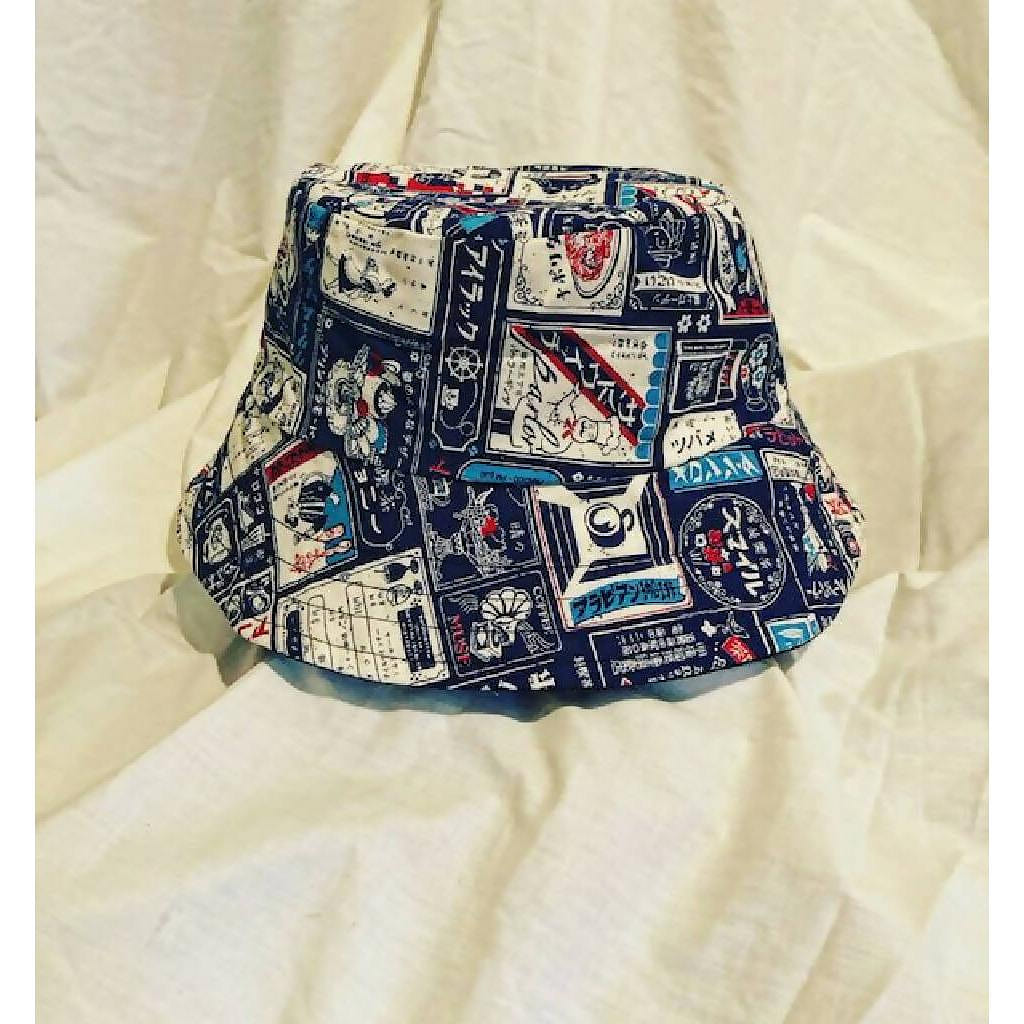 Japanese retro fabric reversible bucket hat (blue) medium 1 each