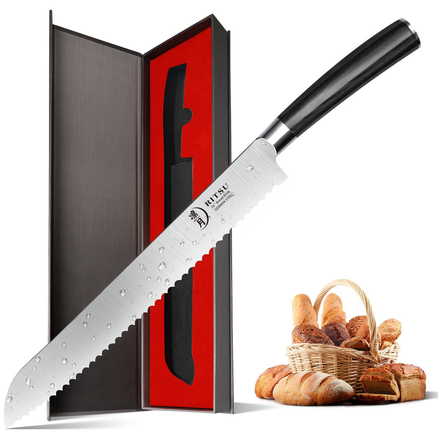 RITSU 10 Inch Serrated Knife, Professional Serrated Bread Knife, German High Car 0.45 lb