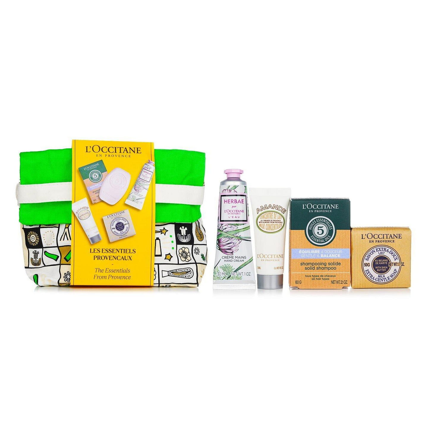L’Occitane Les Essentiels Body Set : Almond Mlik ml + Solid Shampoo g + Body Soap g + Hebae L’aeu Hand Cream ml 4pcs+1bag 4 each