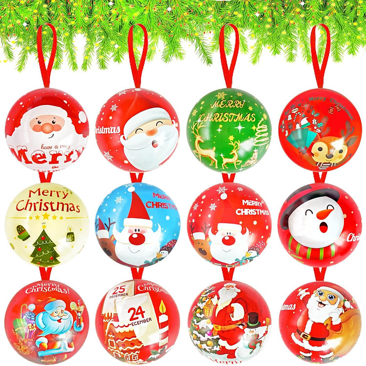 12 件套圣诞糖果罐悬挂装饰，马口铁糖果球盒吊坠 1 包