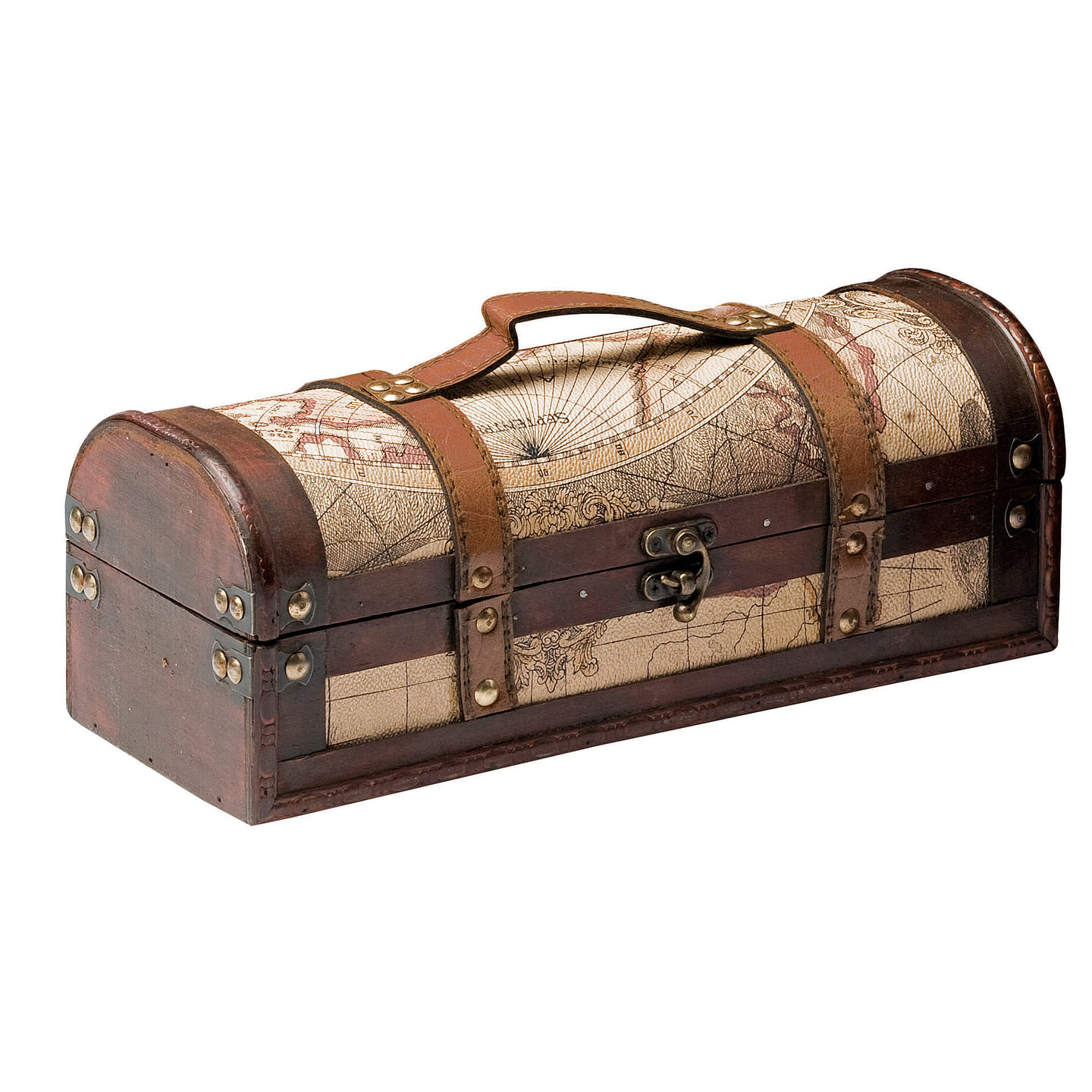 Twine Old World Wine Bottle Gift Box, Wooden Wine Box with Lid and Handle, Wood, Faux Leather, Antique Map Design, Holds 1 Bottle 1 each