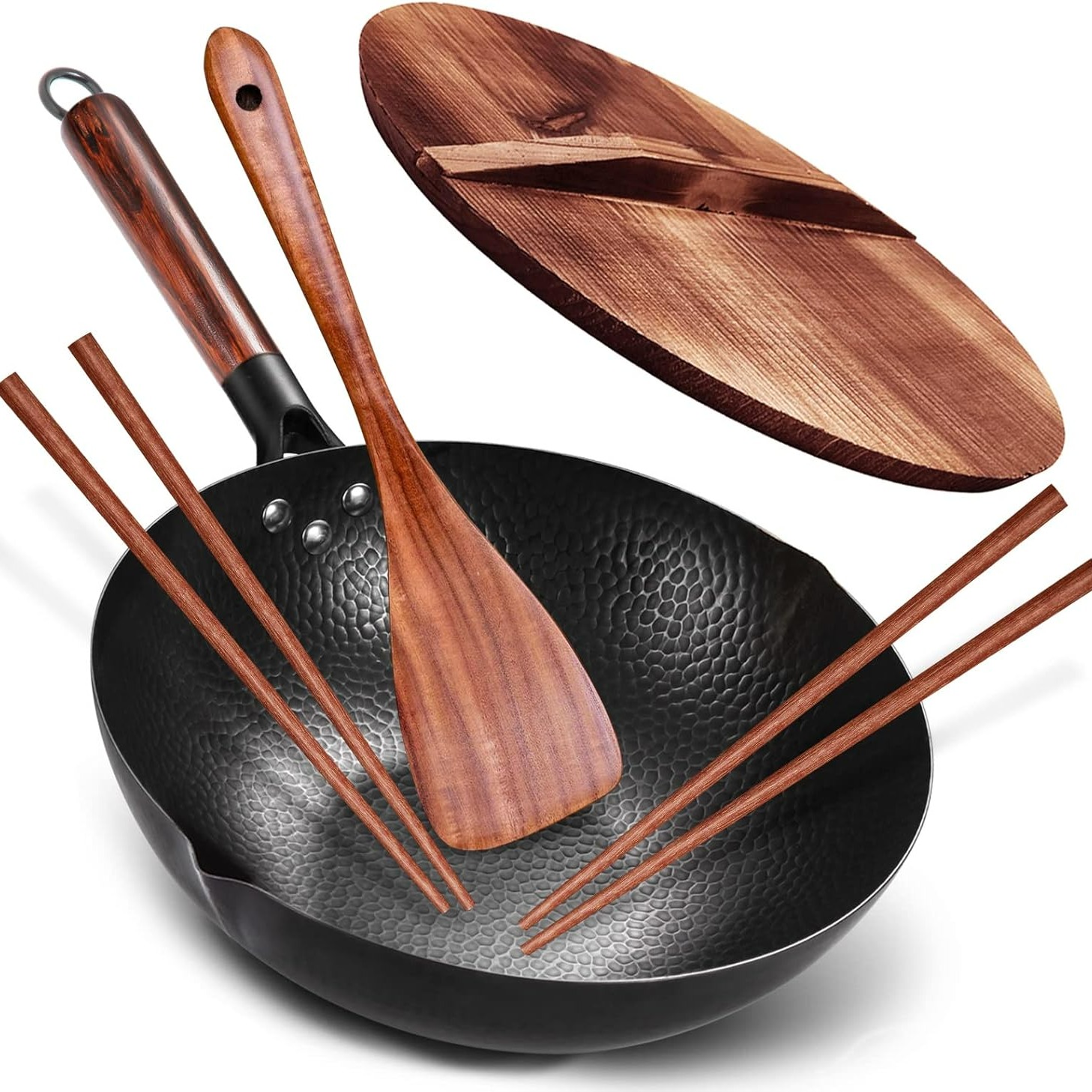Carbon Steel Wok Pan, 5 Piece Chinese Woks Pan 1 each