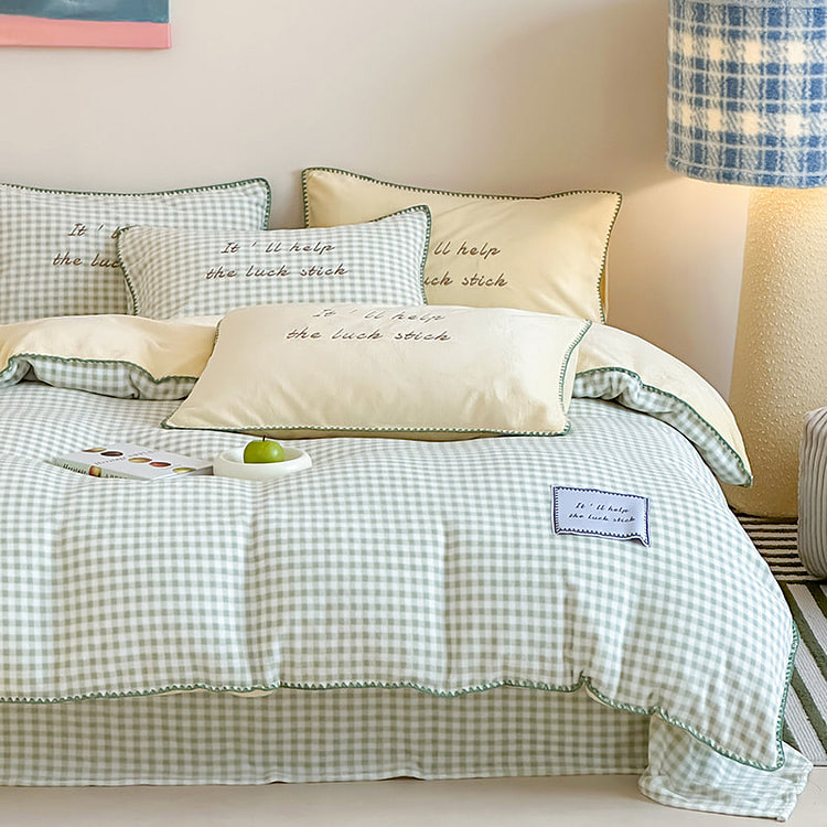 撞色格子床上四件套 林间奶绿-King 2000 克