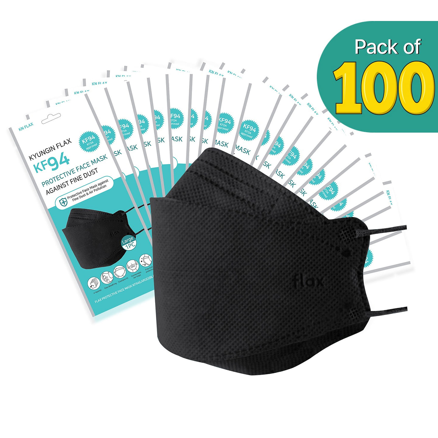 [100PCS] KN Flax KF94 BLK Mask | Made in Korea | FDA Registered 100 each