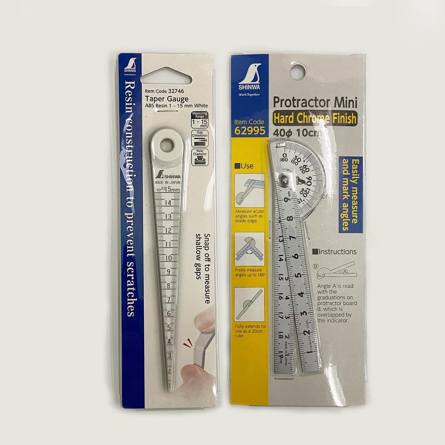 Shinwa Japanese Taper Gauge ABS Resin 1-15mm 1PC and Protractor Hard Chrome 1PC 1 case