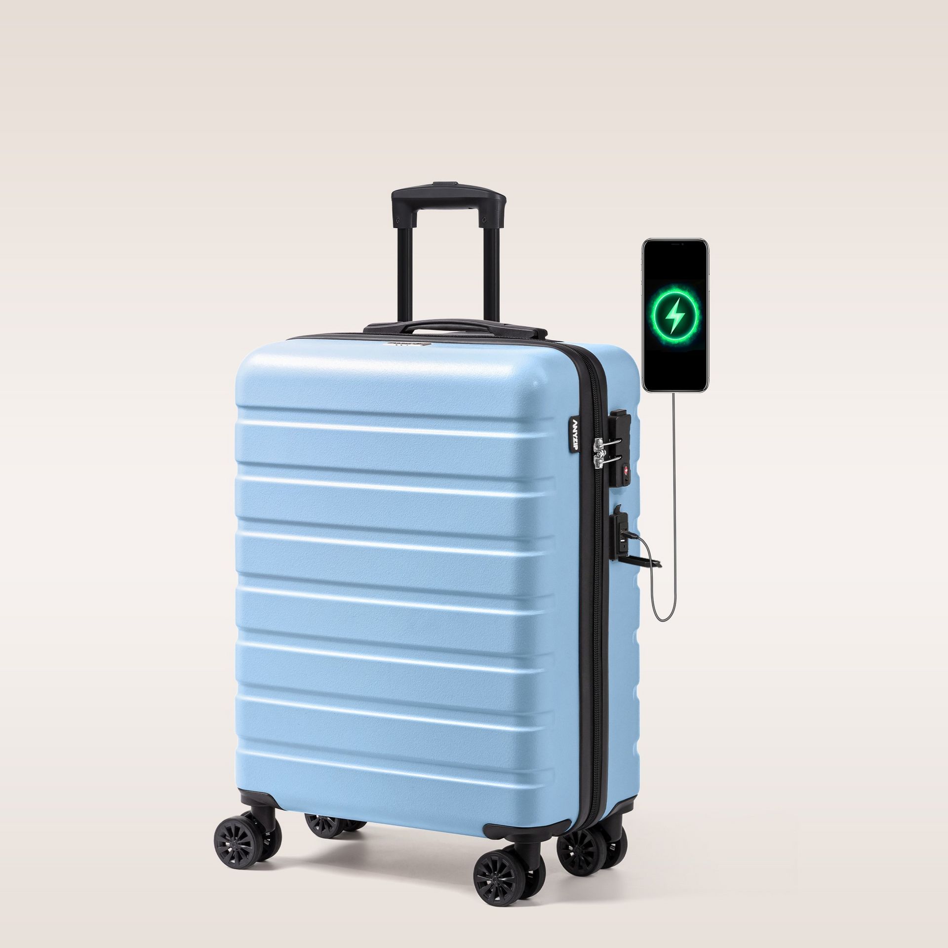21 寸浅蓝手提行李箱带USB 充电口，轻便可登机- Weee!