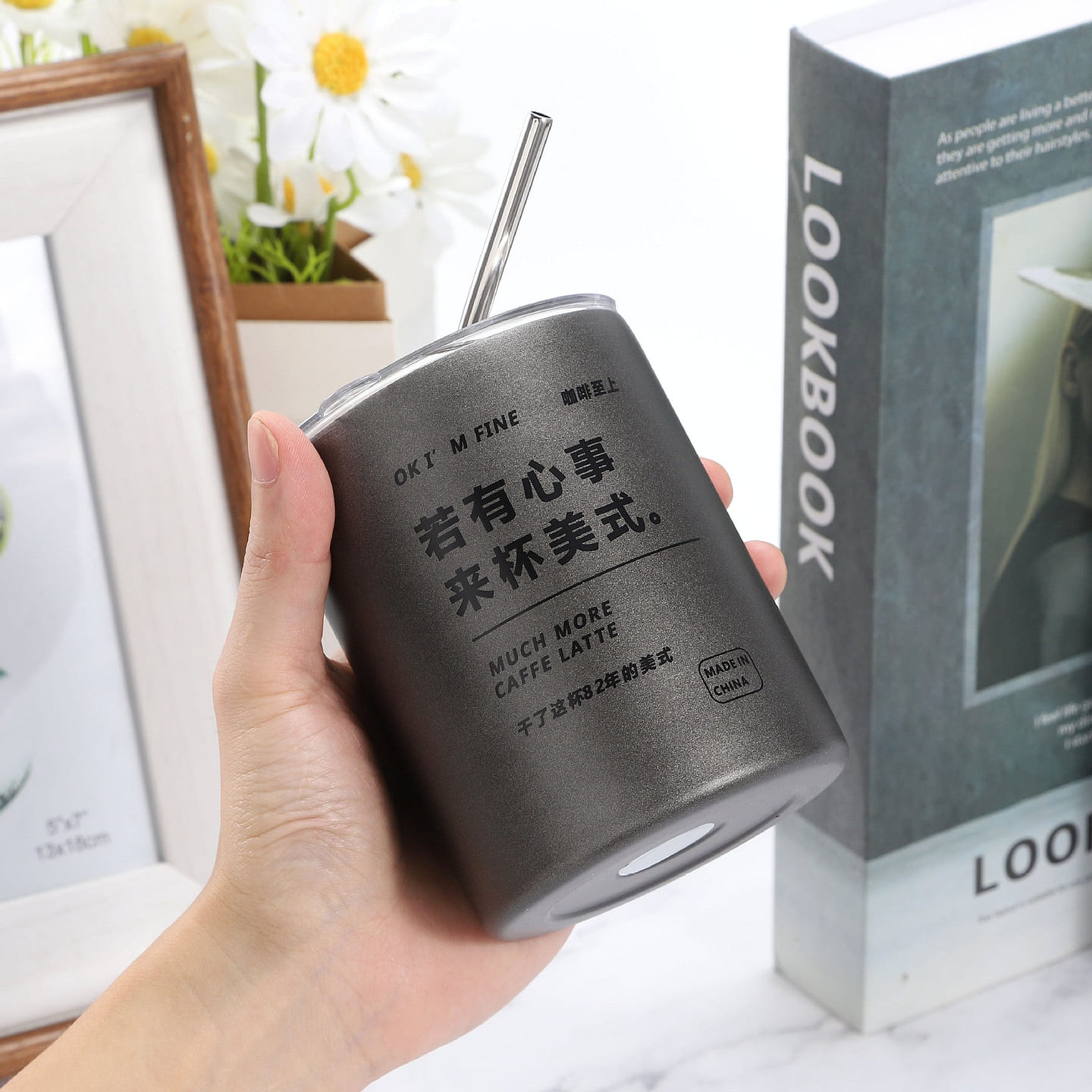 304 Stainless Steel Coffee Mug, Double-Wall Vacuum Insulated, Deep Grey, 600ml 1 each