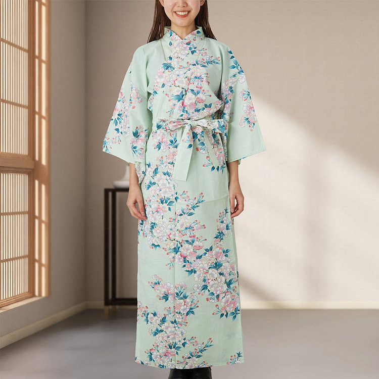日本和服长袍 - 浅绿色樱花