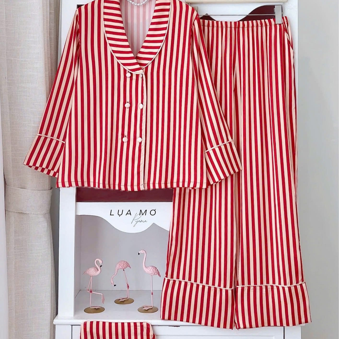 Premium Silk Red Beige Striped Pajama LSLP Set 1 count