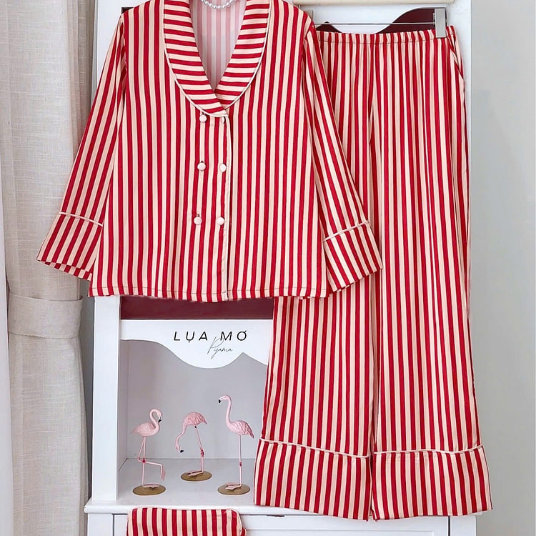 Premium Silk Red Beige Striped Pajama LSLP Set 1 count