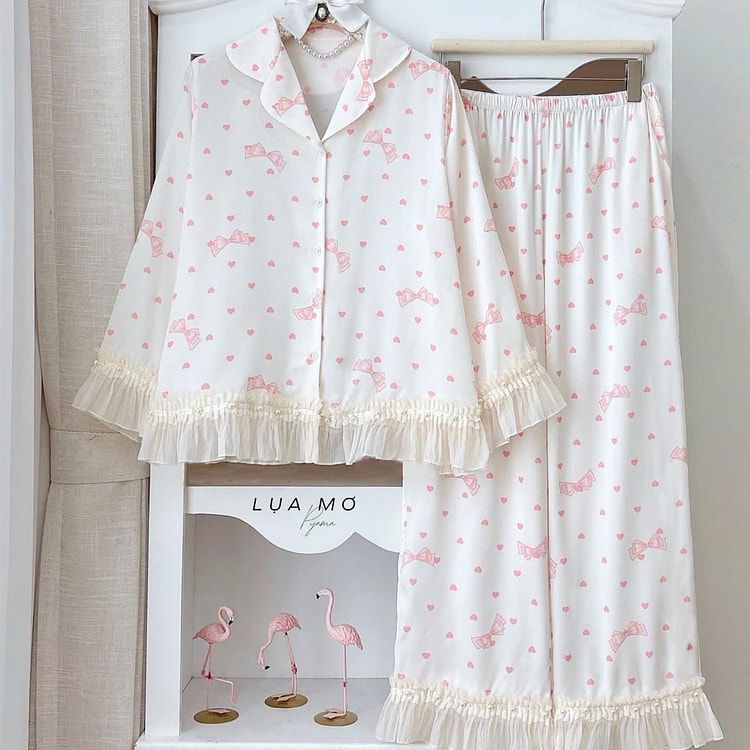 Premium Silk Pink Bow Chiffon Pearl Pajama Set 1 count