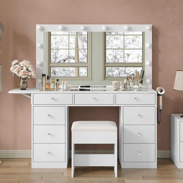 9-Drawer LED Vanity Desk  with 3-Light Mirror