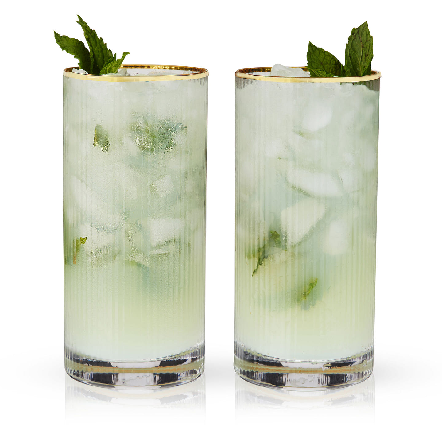 Viski Meridian Highball Glasses Set of 2 – Vintage Drinking Glass, Art Deco Ripple Glassware Design, 15oz Gold Rimmed Collins Glasses Set 15 oz