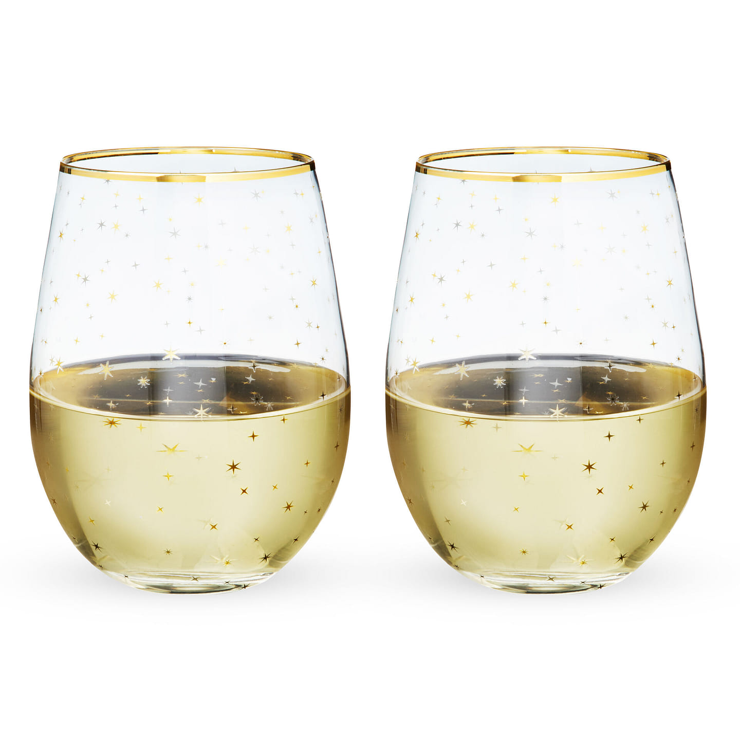 Twine Starlight Stemless Wine Glasses, 18 oz Festive Gold Rim Tumblers, Decorative Barware, Set of 2 18 oz
