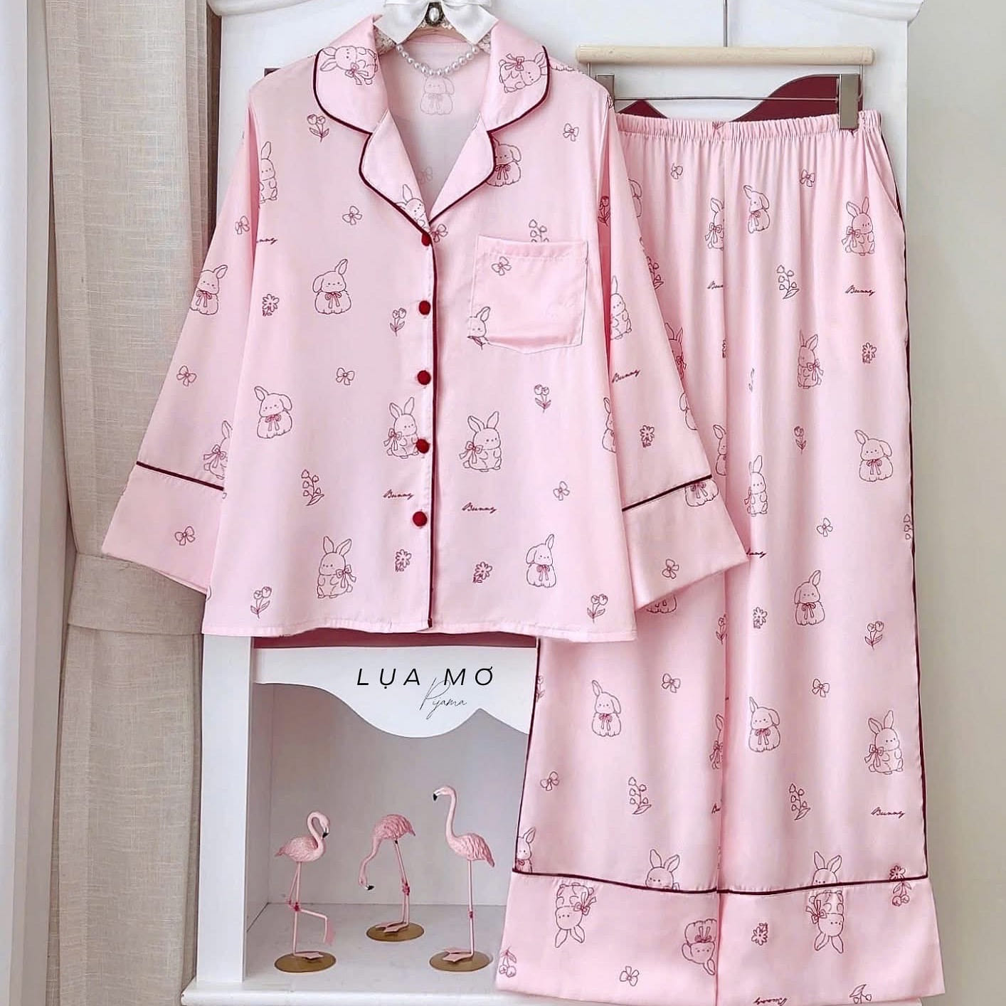 Premium Silk Pink Red Bunny Pattern Pajama Set 1 count