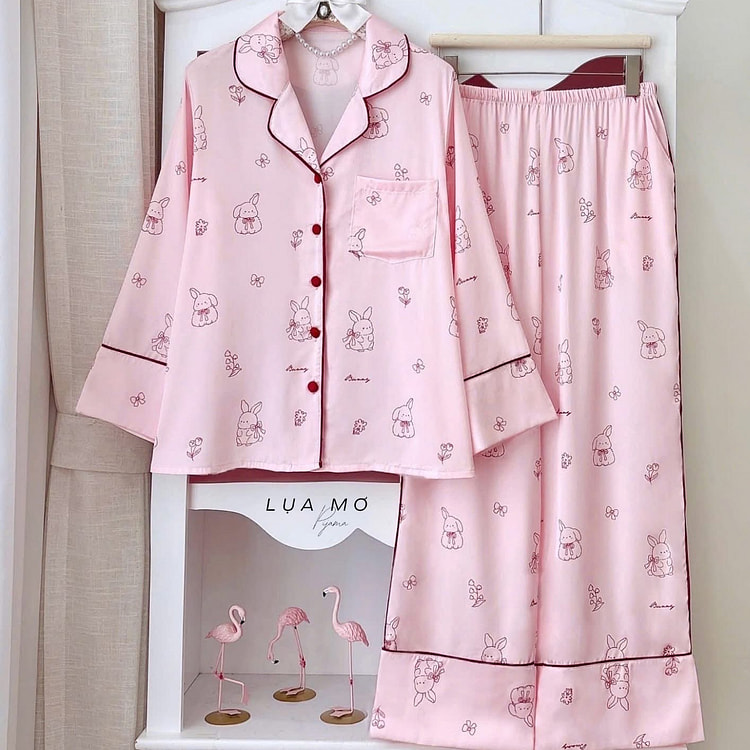 Premium Silk Pink Red Bunny Pattern Pajama Set 1 count