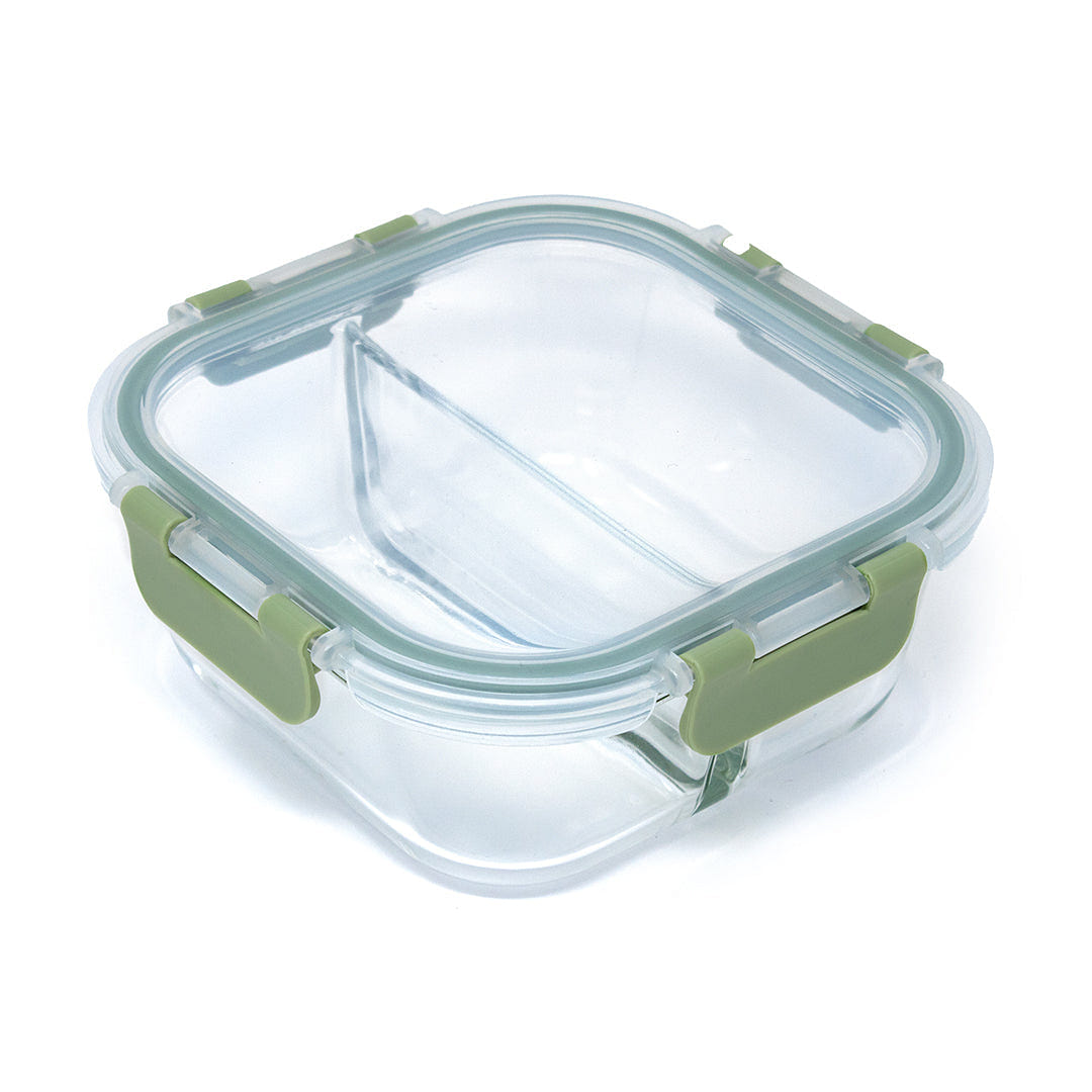 HQ Boroslicate Glass Food Containers / Canister with Green / Clear Clip On Lid Box with 2 Compartments Airtight 27oz Square Bakeware for Kitchens 800 ML 1 each