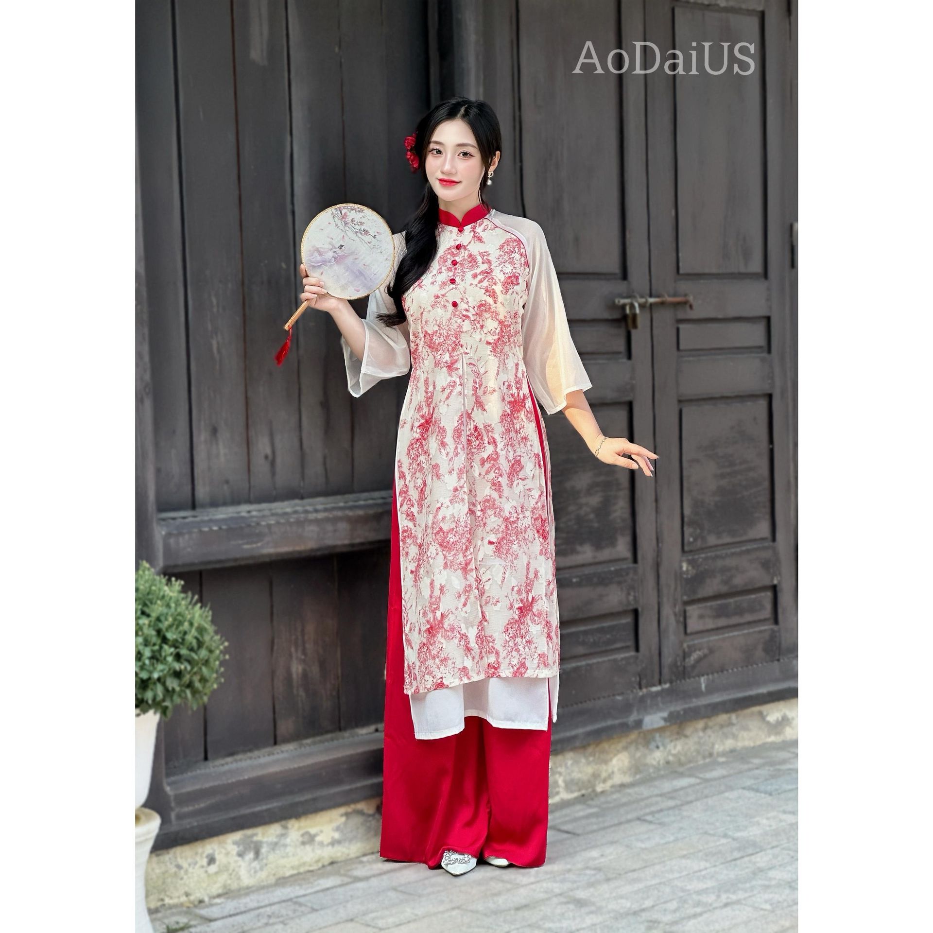 womens fringe dress Cheongsam Top Full Length Floral Ao Dai Two-piece Dress Red / XXL main image 1
