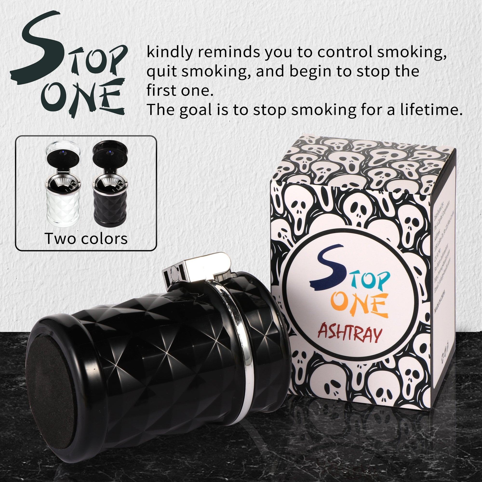 STOP ONE Car Ashtray, Portable Ashtray, CA-421 Auto Ash Tray with Lid and Led, Black Black 1 phần