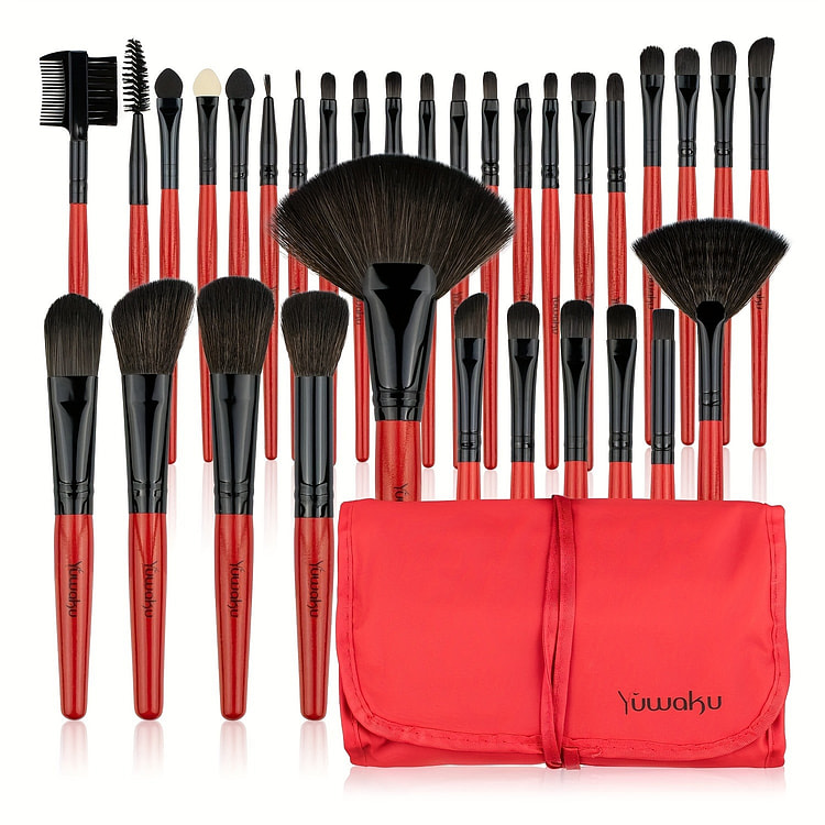 32 red makeup brushes with bag