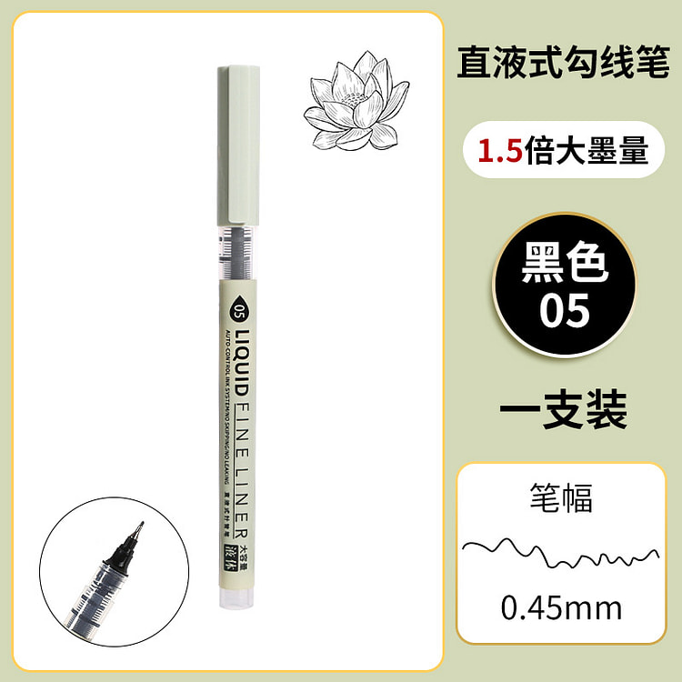黒 直液式製図ペン 耐水 にじみにくい 0.45mm 1 個