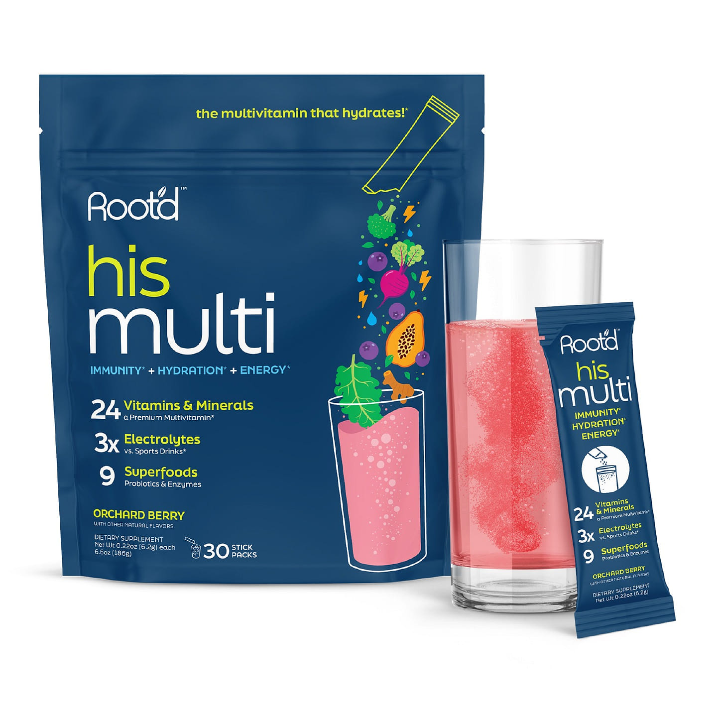Root'd - His Hydrating Multi -Essential Multivitamin + Electrolytes for Men 30 カウント