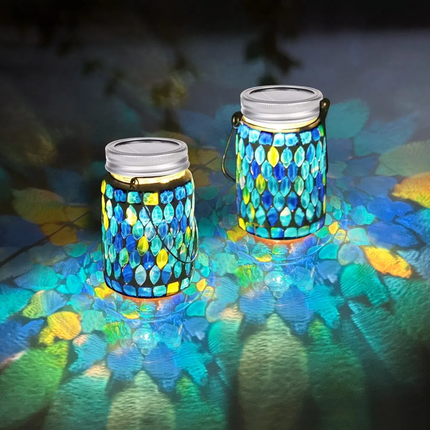 2 Pack Mosaic Solar Lantern Lights, Outdoor Solar Hanging Lights, Waterproof Mosaic Glass Lights Table Lamps for Patio Garden Yard Pathway Decoration (Blue) 1 each