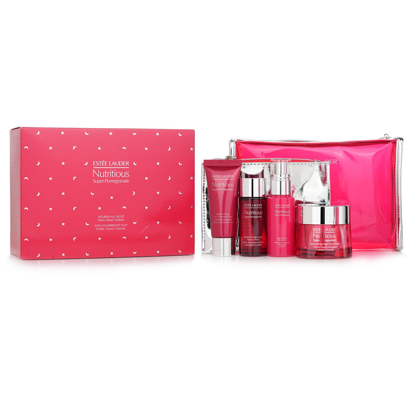 Estee Lauder Nutritious Super-Pomegranate Nourish All Night Set: Night Creme+ Milky Lotion+ Lotion Intense Moist+ Cleansing Form… 4pcs+2bags 4 each