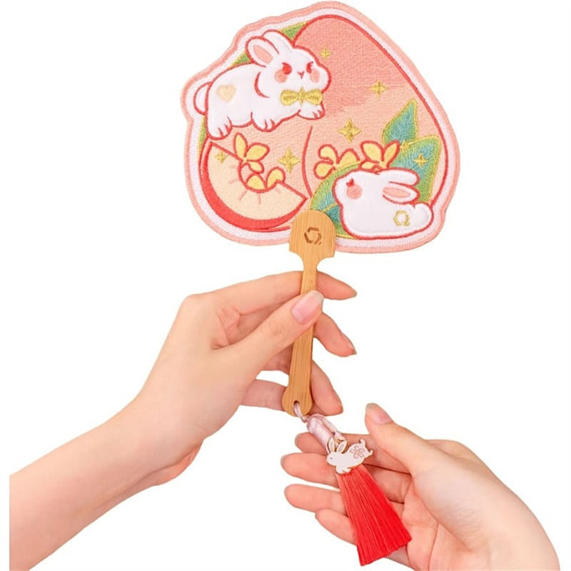 Qian Li Hand-Shaped Embroidery Fan Decorative Portable – Rabbit-Style-1Pc 1 each