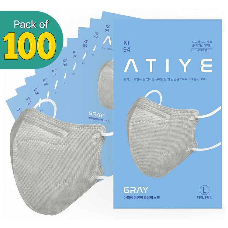 [100PCS] ATIYE KF94 Gray - Easy Breathing Mask | Made in Korea 