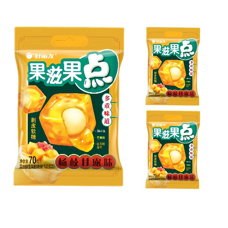 好丽友果滋果心杨枝甘露水果剥皮夹心软糖70g*3袋