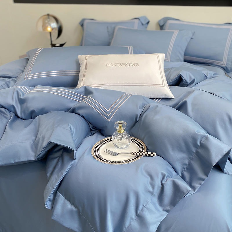 LULLABUY 200S Top Grade Cotton Bedding Set Blue King Size 2000 g