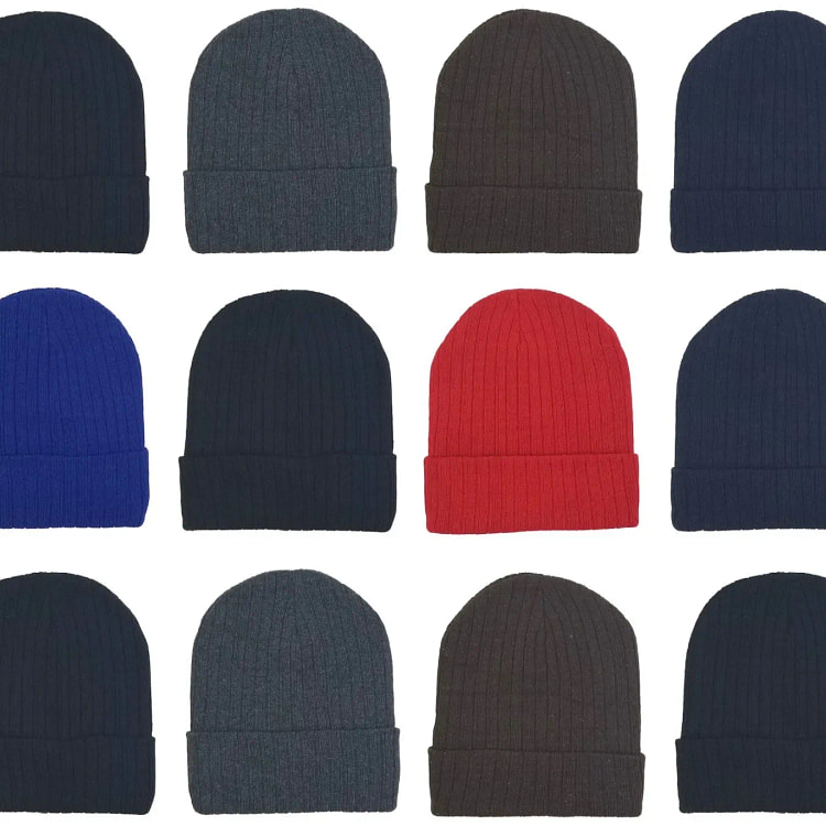 Bulk Winter Beanie Hats for Men Women, Knit Cuffed 12 pack