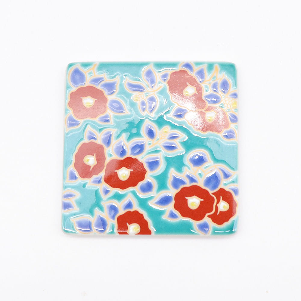 Kutani Ware Handmade Square Coaster (Camellia, 3.54 x 3.54) Made in Japan 1 each
