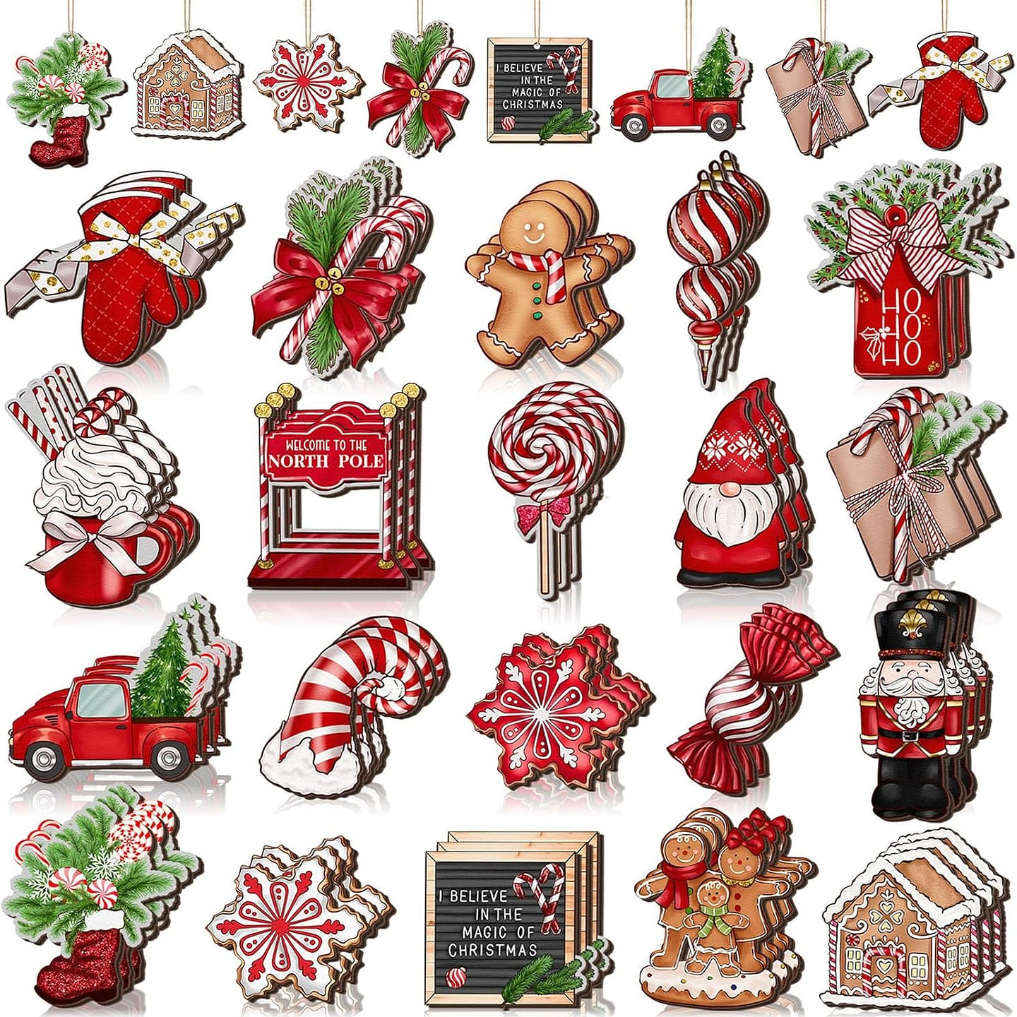 40Pcs Christmas Wooden Ornaments Red Green White 1 each