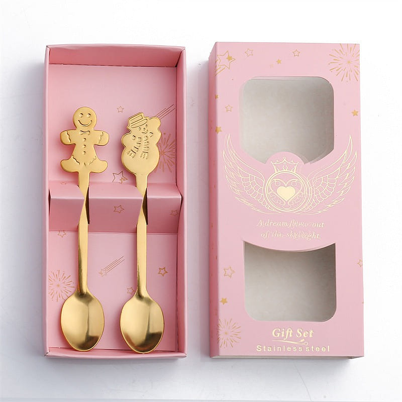 Christmas Spoon Set Stainless Steel Gold Pink Box - 2 Pieces - Gingerbread Snowm 1 each
