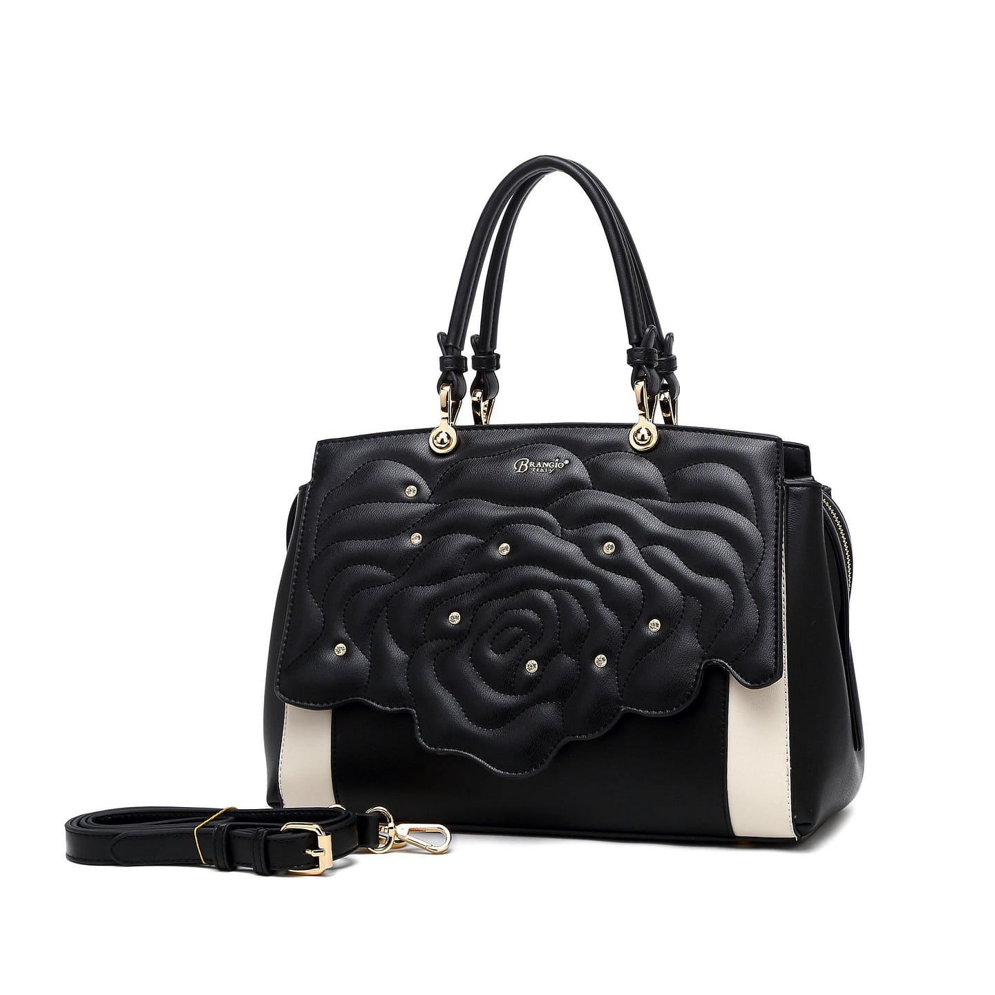 Rosette 3d Crystal Vegan Leather Metallic Handbag Knight [RA8523-BK] 1 each