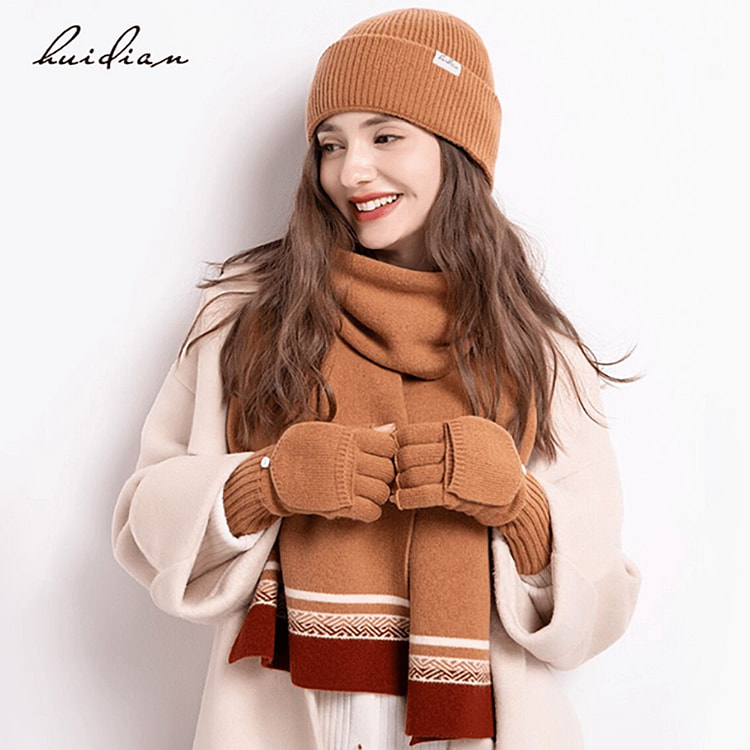 纯羊毛女士围巾帽子手套驼色 1 盒