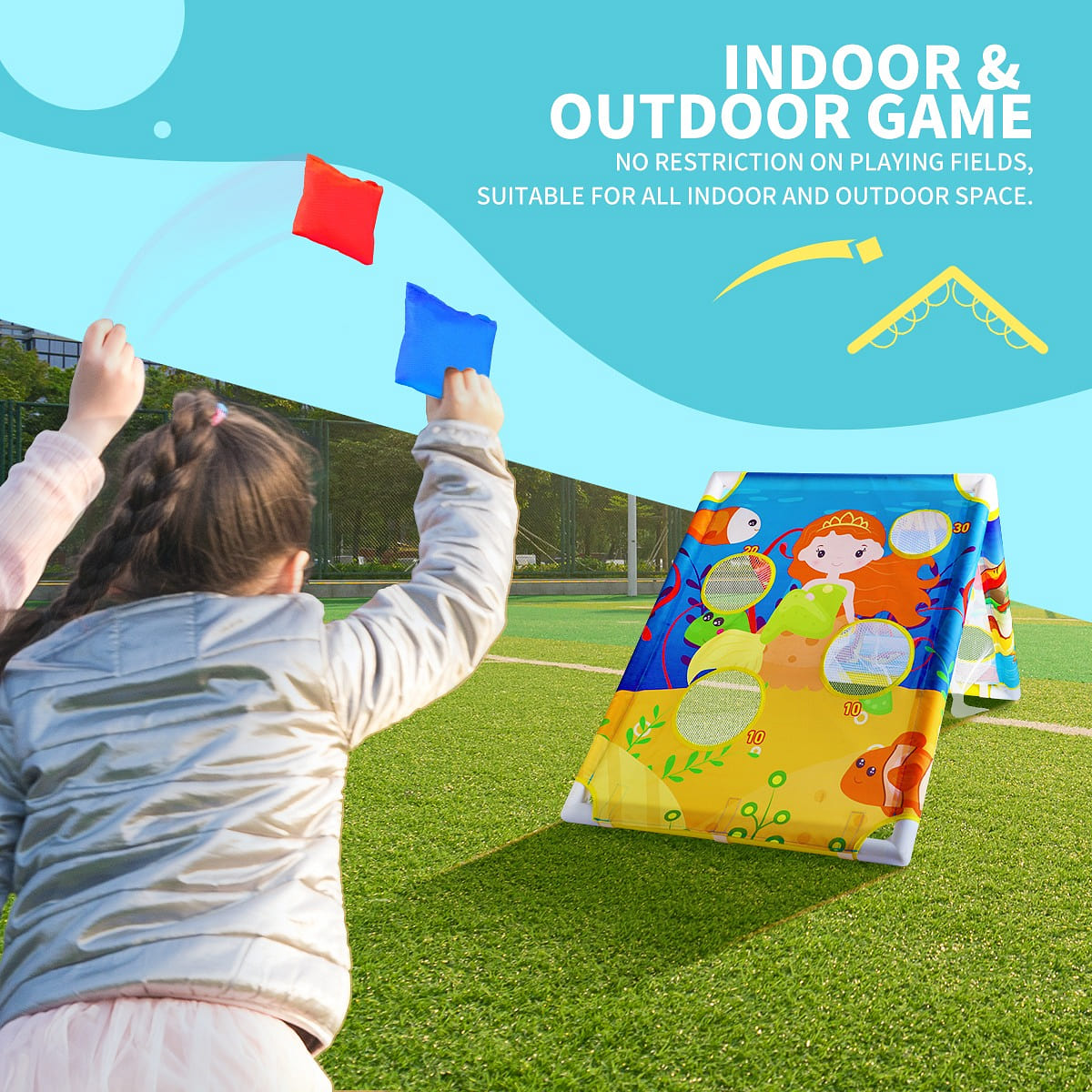 Indoor parent-child interaction with children throwing sandbag toys 1 box
