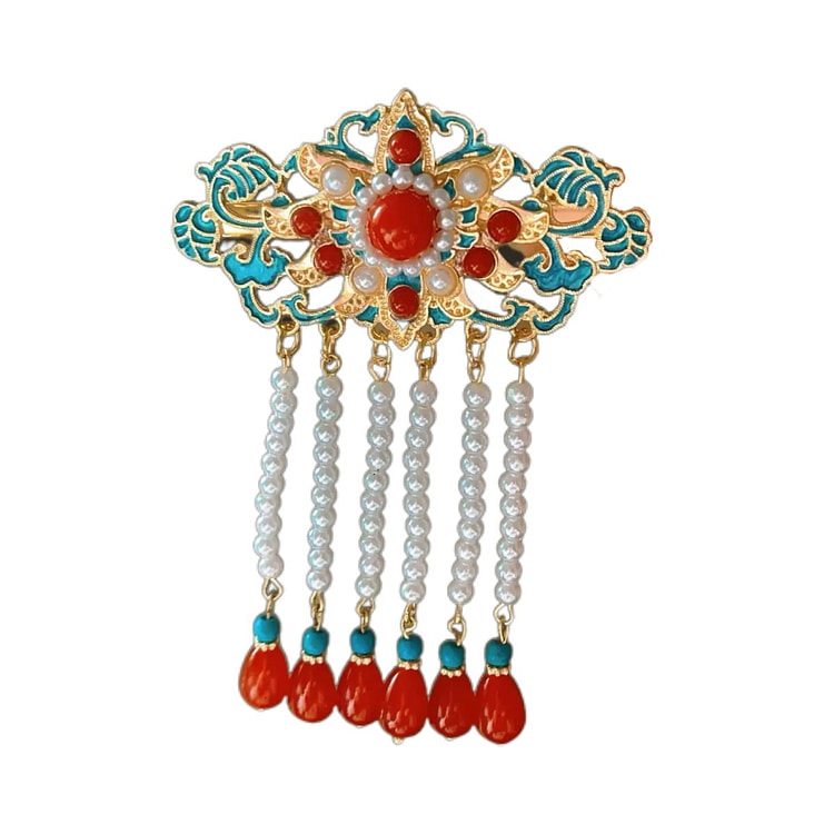 新中式珐琅发夹 国风汉服配饰 高级感头饰-红蓝流苏 1 个