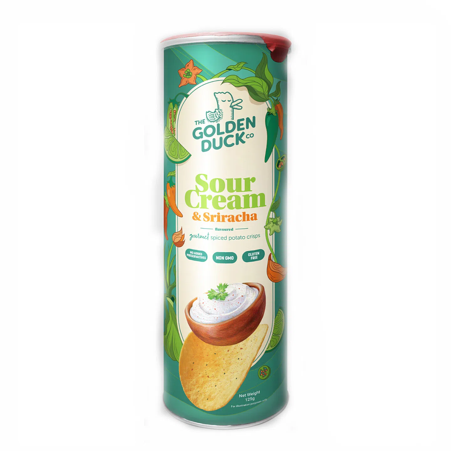 THE GOLDEN DUCK Gourmet Spiced Potato Crisps Sour Cream & Sriracha Flv 125g 1 each