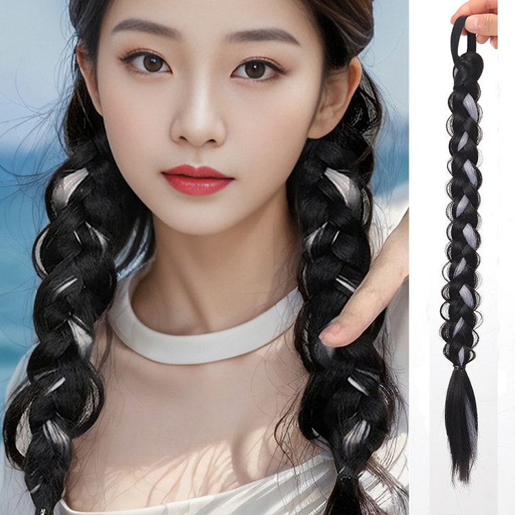 Wig, braid, long hair, black gray