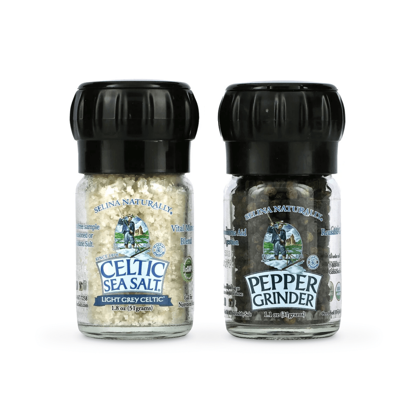 Selina Naturally Mini Grinders with Light Grey Celtic Salt and Organic Peppercor 1 case