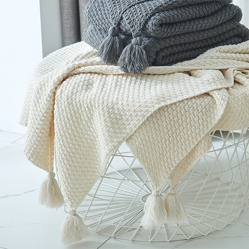 【 Life and Leisure 】 Nordic Tassel Knitted Blanket Beige White 70 * 100 1 each