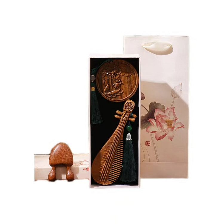 【中国直邮】 FOXTAIL 中国风檀木梳+檀木镜礼盒 教师节礼物/纪念品/长辈/传统礼物/自然原色/立体精致/小巧便捷/握感舒适-吉祥如意 1个