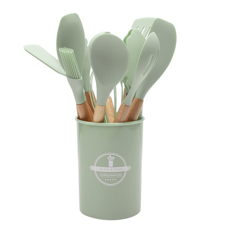 [Cooking Assistant] Wooden Handle Silicone Kitchenware Set 12 Pieces Green 1 box