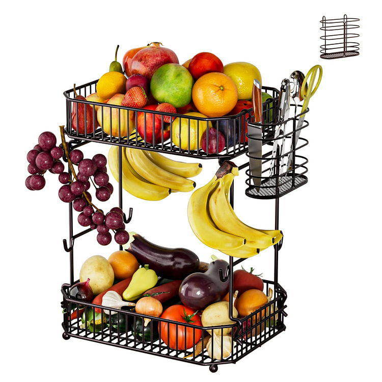 重型台面双层水果篮 带侧储物篮 8个香蕉架 置物架 1 份